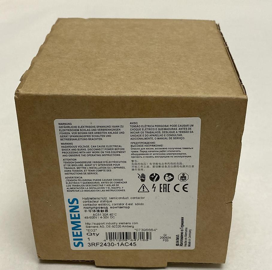 Used SIEMENS,3RF2430-1AC,SOLID STATE CONTACTOR 3-PHASE 3 POLE 30A 48-600V NEW