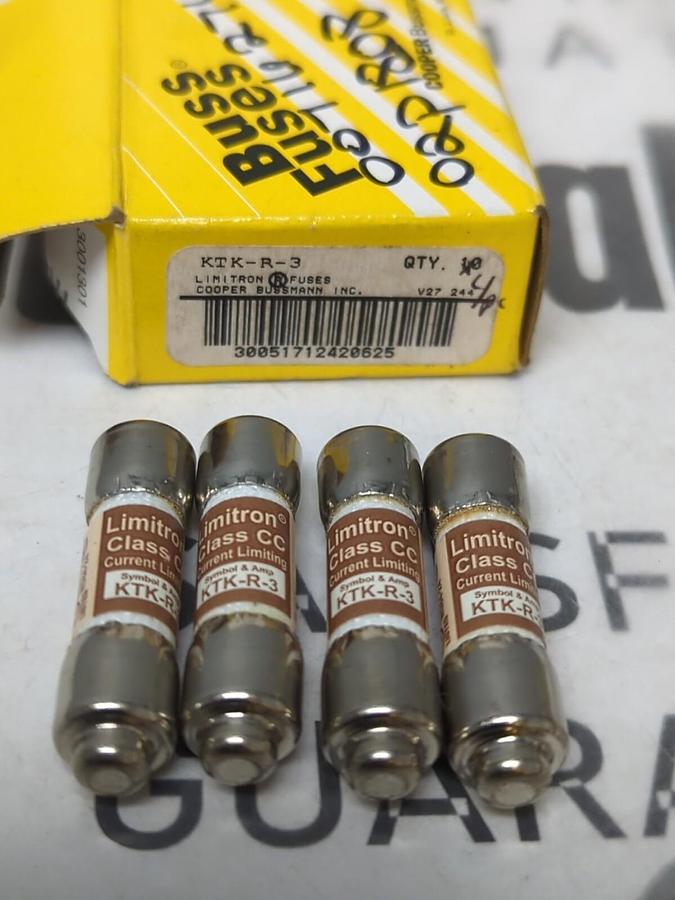 COOPER BUSSMANN,KTK-R-3,LIMITRON 3 AMP FUSES BOX OF 4 FUSES NOS