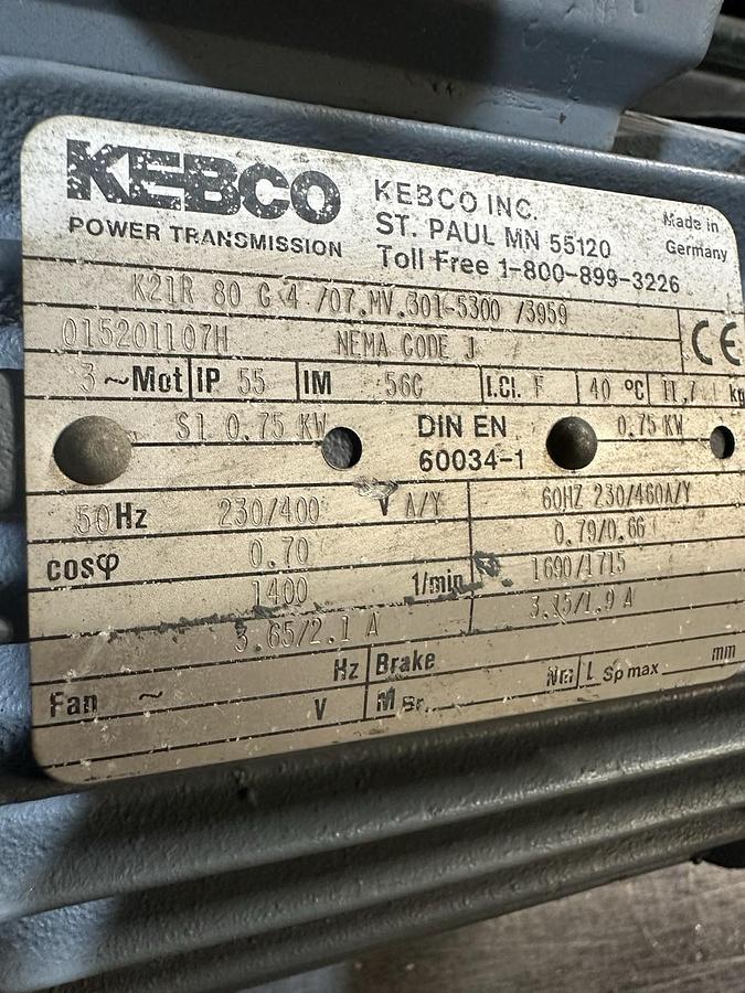 Used Kebco,K21R 80G4/OT.MV.301-5300/3959,3PH .75KW 230/460VAC Motor