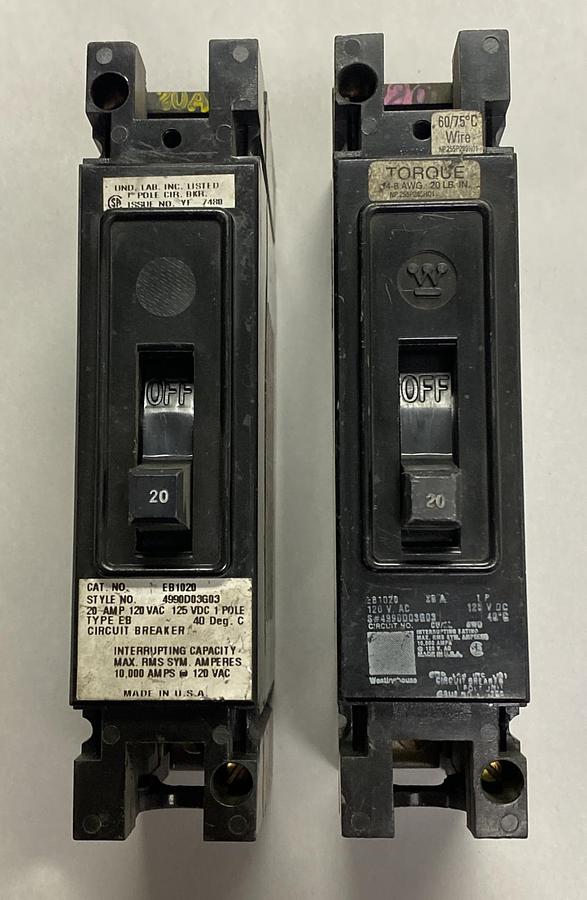 Used WESTINGHOUSE,EB1020,CIRCUIT BREAKER 20A 120V 1P LOT OF 2