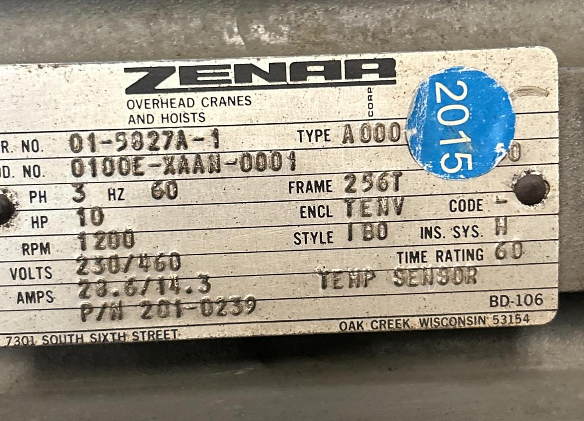 Used ZENAR,0100E-ZAAN-0001,MOTOR 10HP 1200RPM 230/460V 3PH 256T FRAME