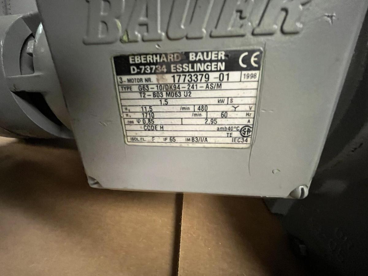 Used EBERHARD BAUER,G63-10/DK94-241-AS/M,GEARMOTOR 2HP 11.5 RPM 480V 3PH