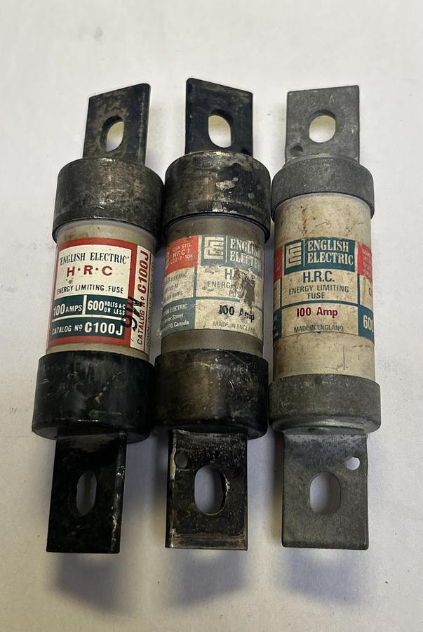 Used ENGLISH ELECTRIC,C100J,ENERGY LIMITING FUSE 100A 600V LOT OF 3