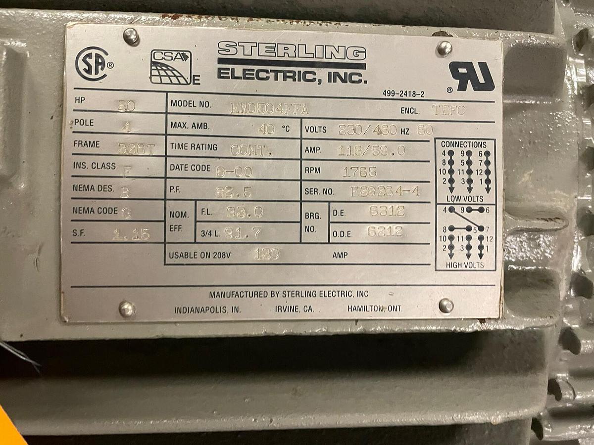STERLING,EW0504FFA,50HP MOTOR 1765 RPM 230/460V 326T EW0504FFA