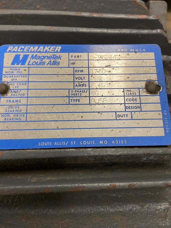 Used Pacemaker Magnetek,FRAME S215,5hp Motor 1760RPM 460V Frame S215