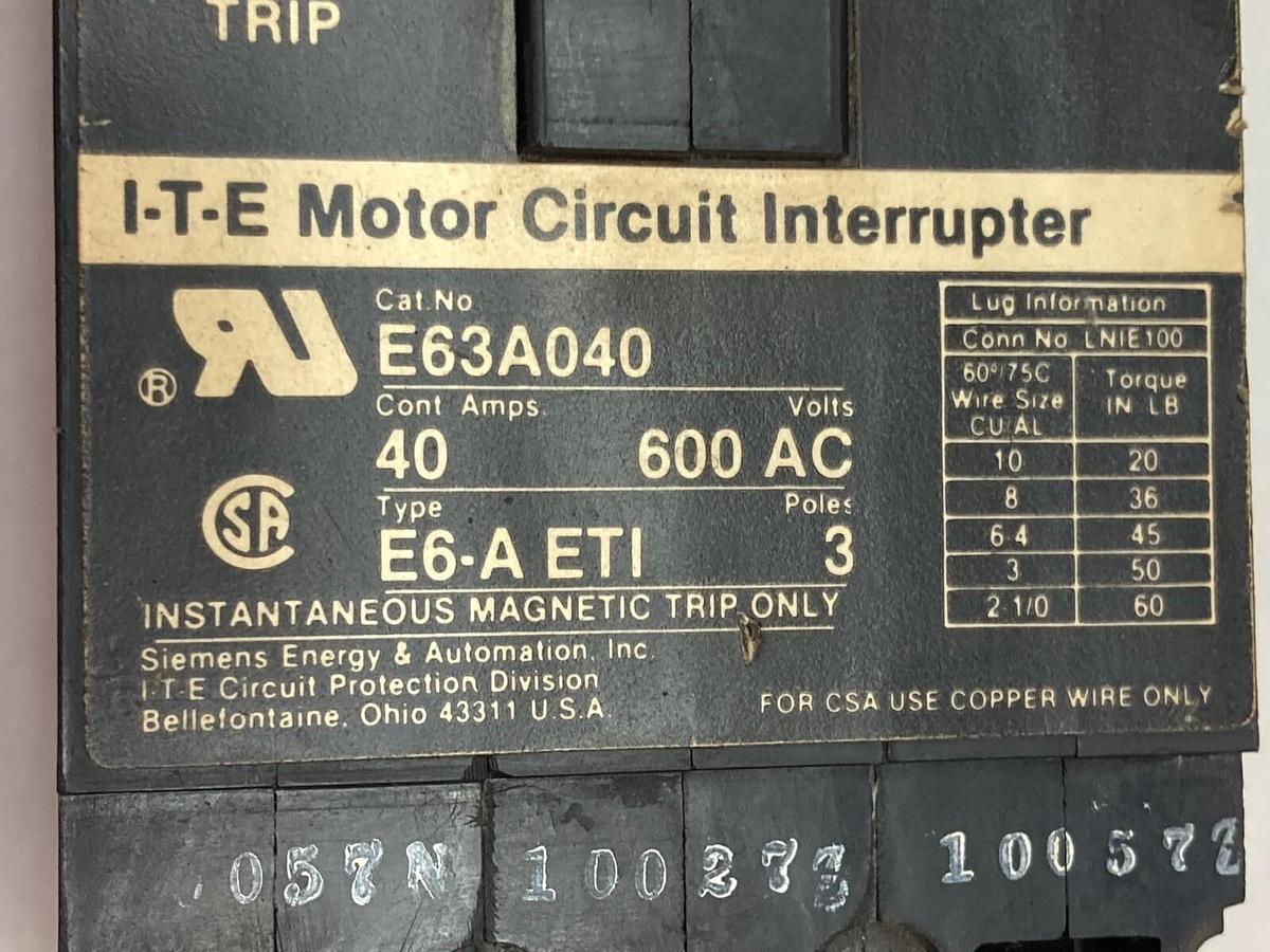 Used ITE,E63A040,CIRCUIT BREAKER 40A 600V 3P