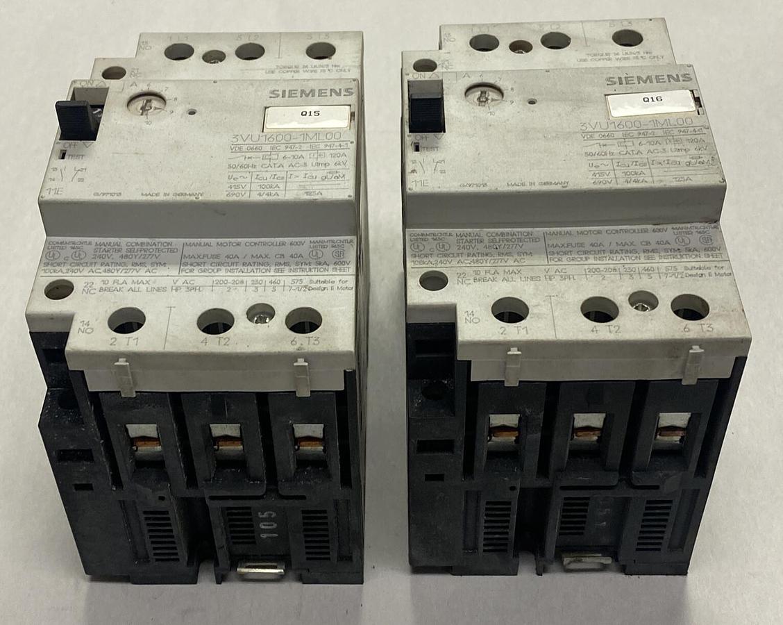 Used SIEMENS,3VU1600-1ML00,MOTOR STARTER PROTECTOR 6-10A 3P LOT OF 2