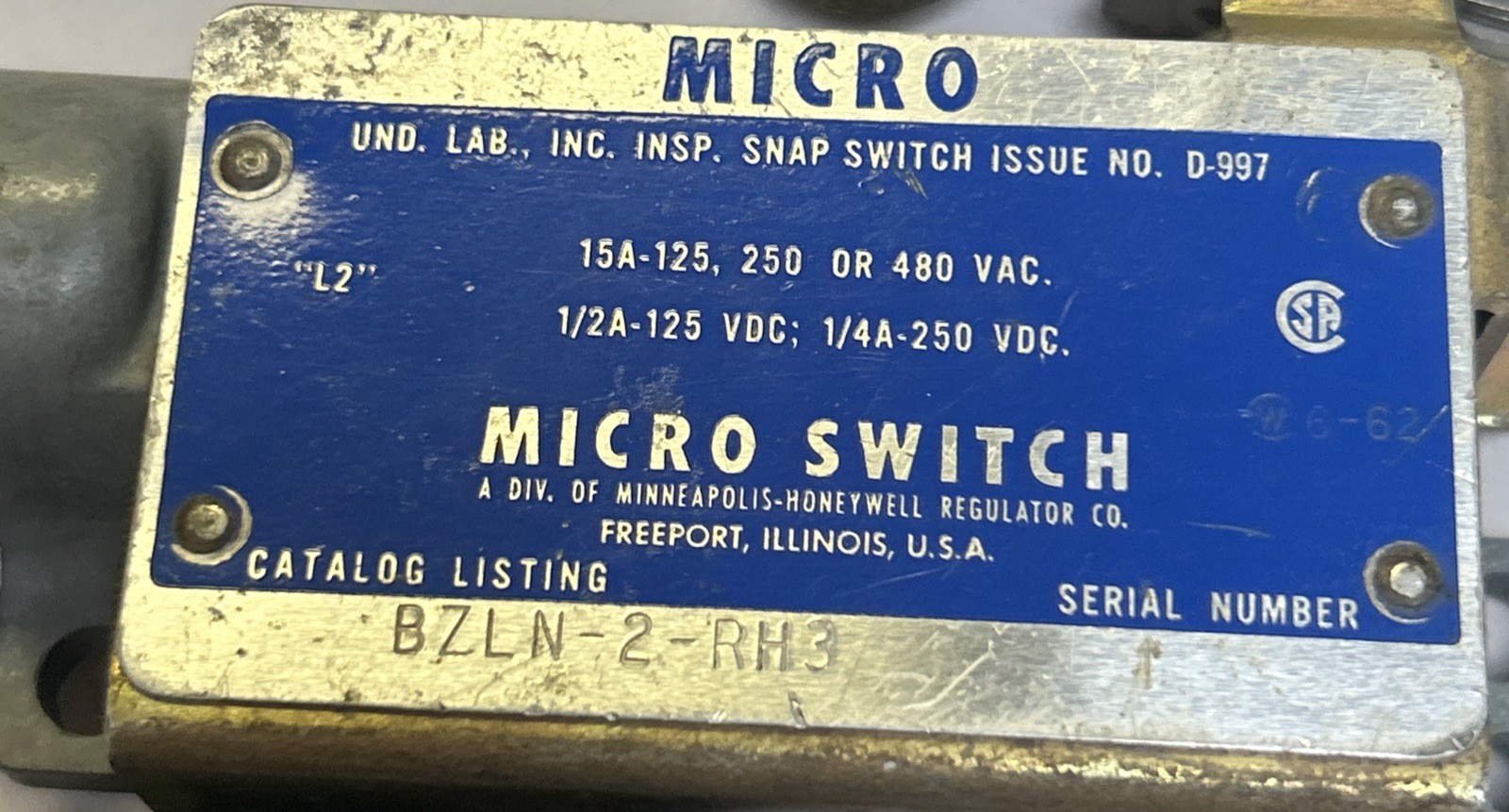 Used HONEYWELL,BZLN-2-RH3,MICRO SWITCH LIMIT SWITCH