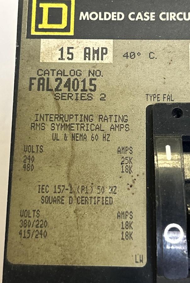 Used SQUARE D,FAL24015,CIRCUIT BREAKER 15A 480V