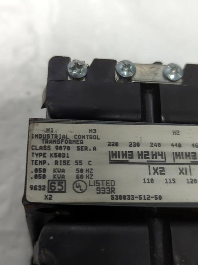 Used SQUARE D,9070-K50D1,INDUSTRIAL CONTROL TRANSFORMER .050 KVA 50HZ .050 KVA 60HZ