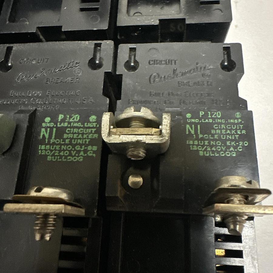 Used Pushmatic,P120,20 AMP Single Pole 120VAC Circuit Breaker LOT of 8