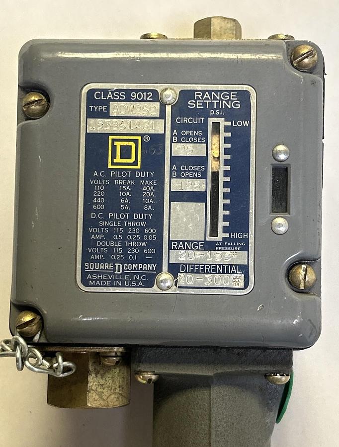 Used SQUARE D,9012ADW2S2,PRESSURE CONTROL SWITCH