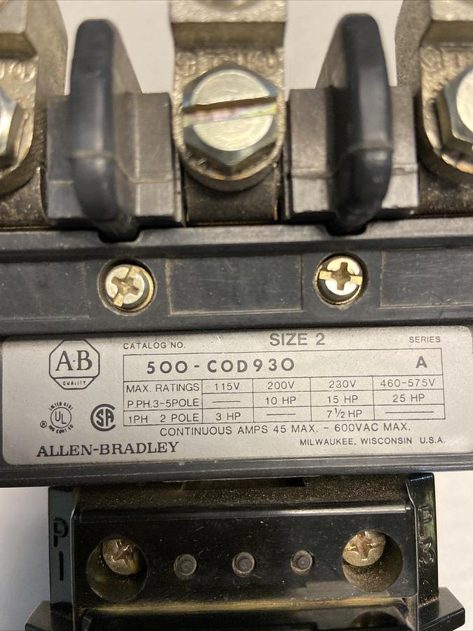 Used Allen Bradley,500-COD930,Size 2 Contactor 115-120V Coil