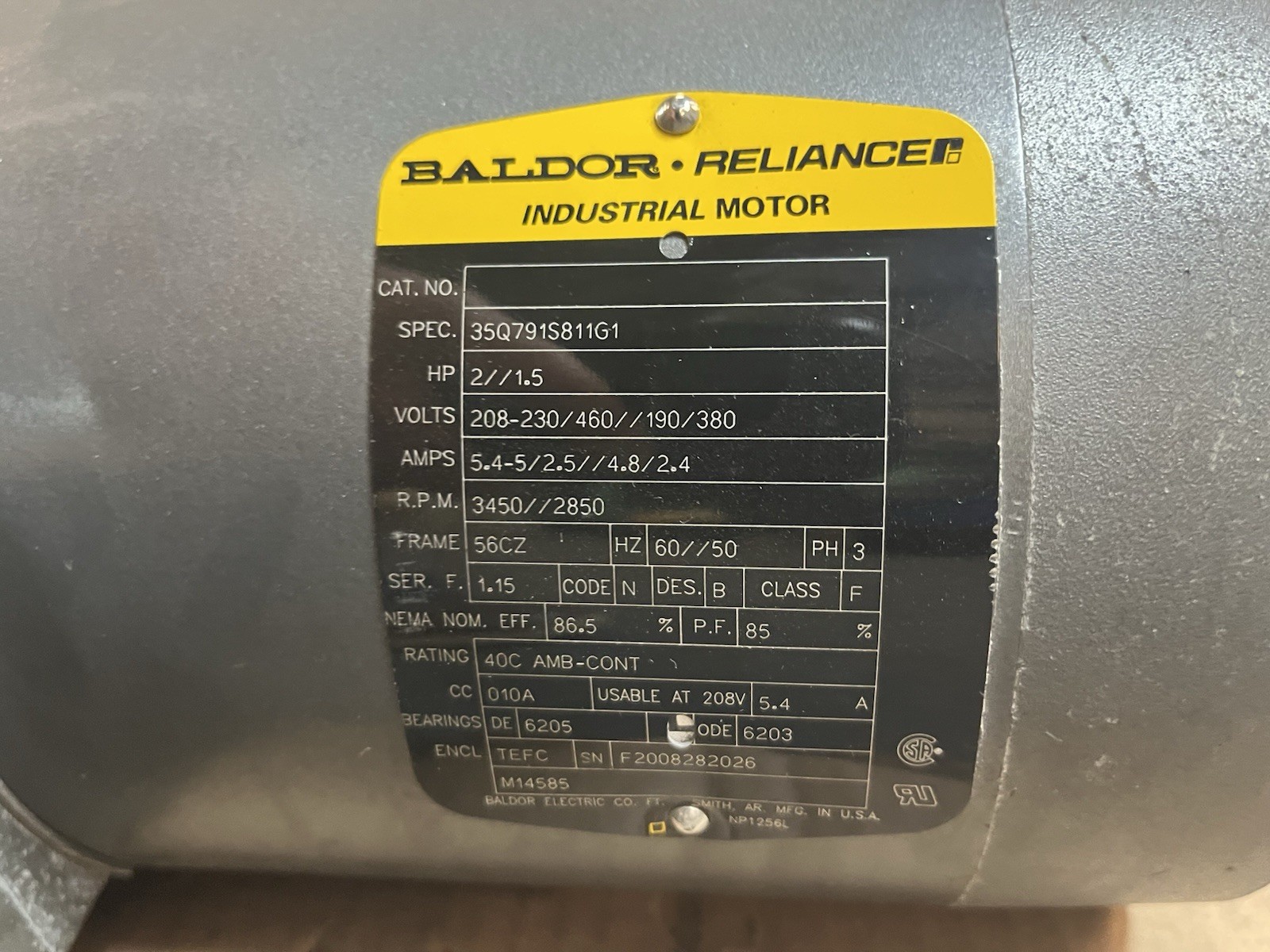 Used BALDOR,35Q791S811G1,MOTOR 2HP 3PH 3450RPM 56CZ