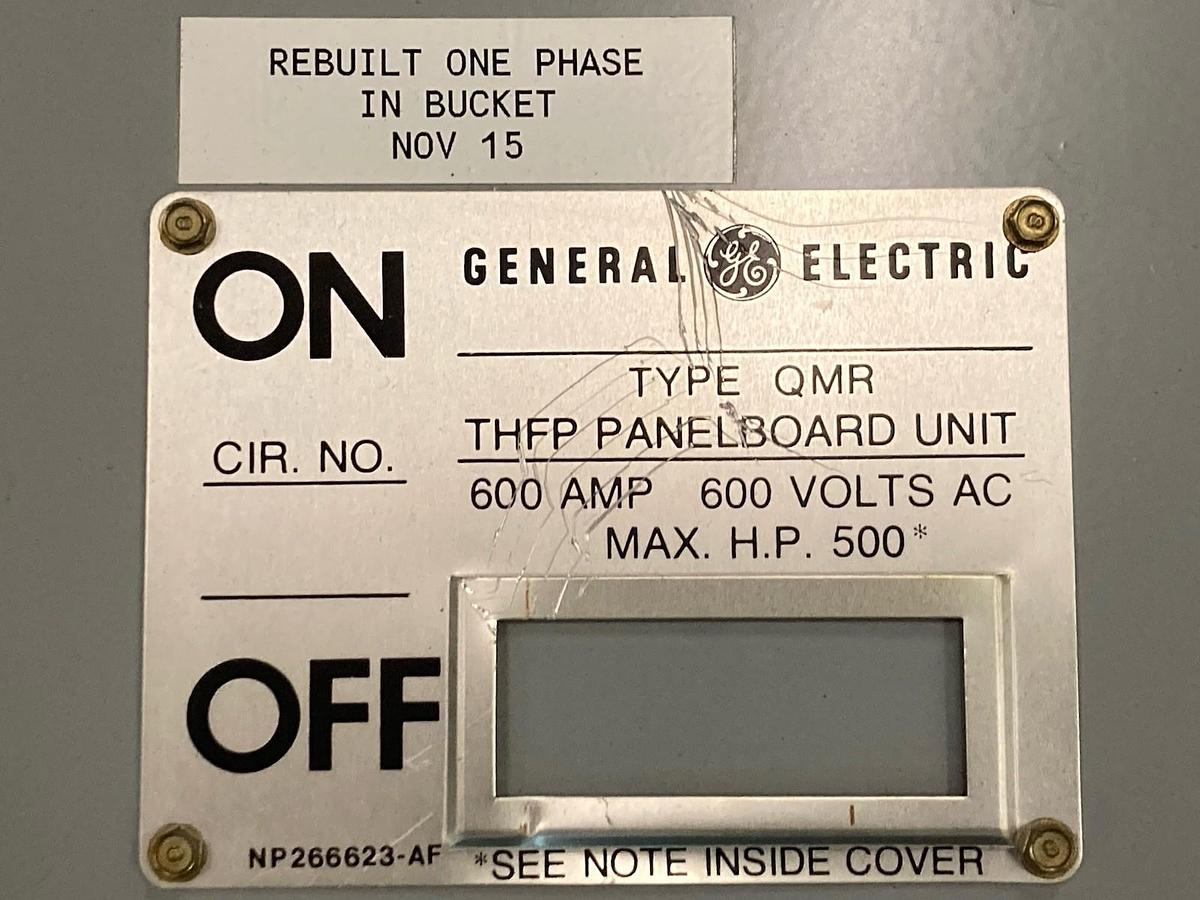 Used GE,THFP-366,3-Phase Panelboard Fusible Type QMR Switch 600A 600Vac 50Hp