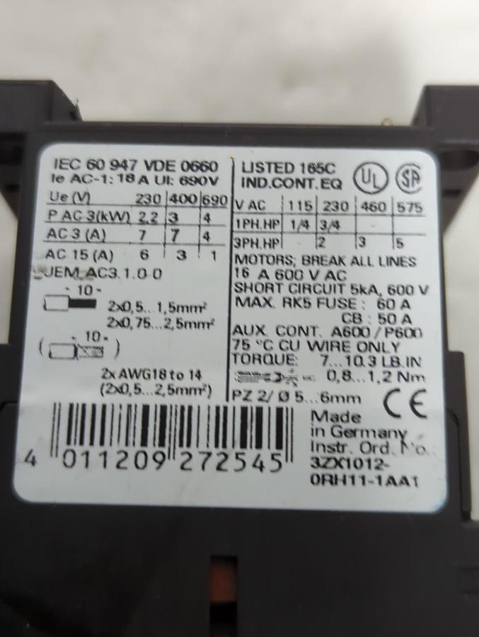 Used SIEMENS,3RT1015-1BB41,CONTACTOR 10E PRE-OWNED