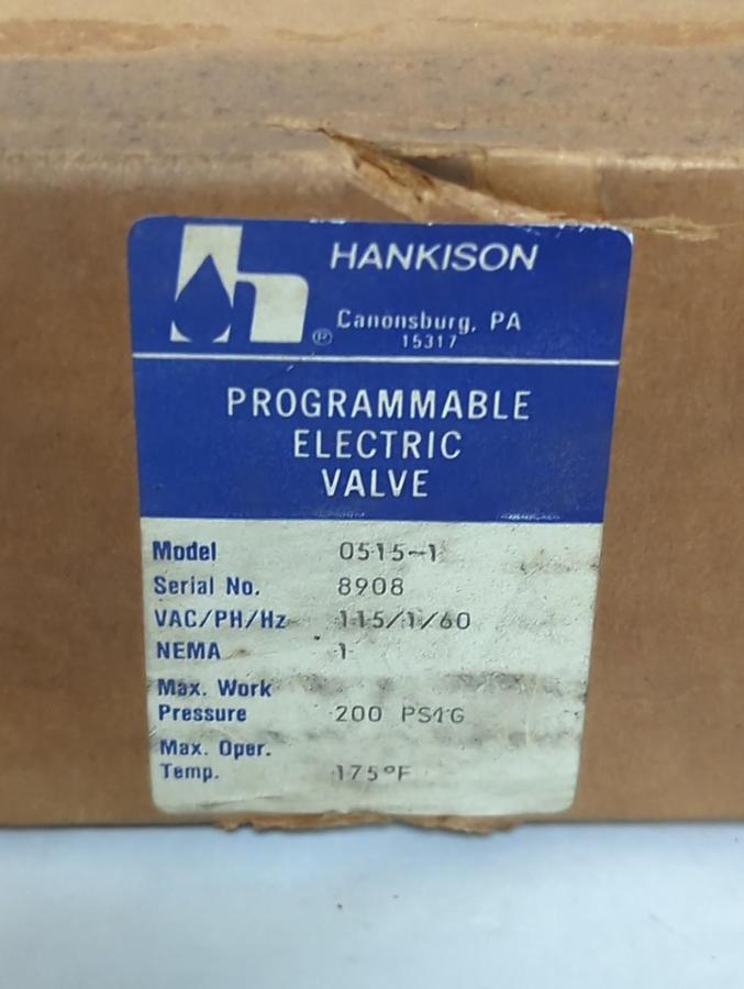 HANKISON,0515-1,PROGRAMMABLE ELECTRIC VALVE NEMMA 1 200PSIG 175° F NOS