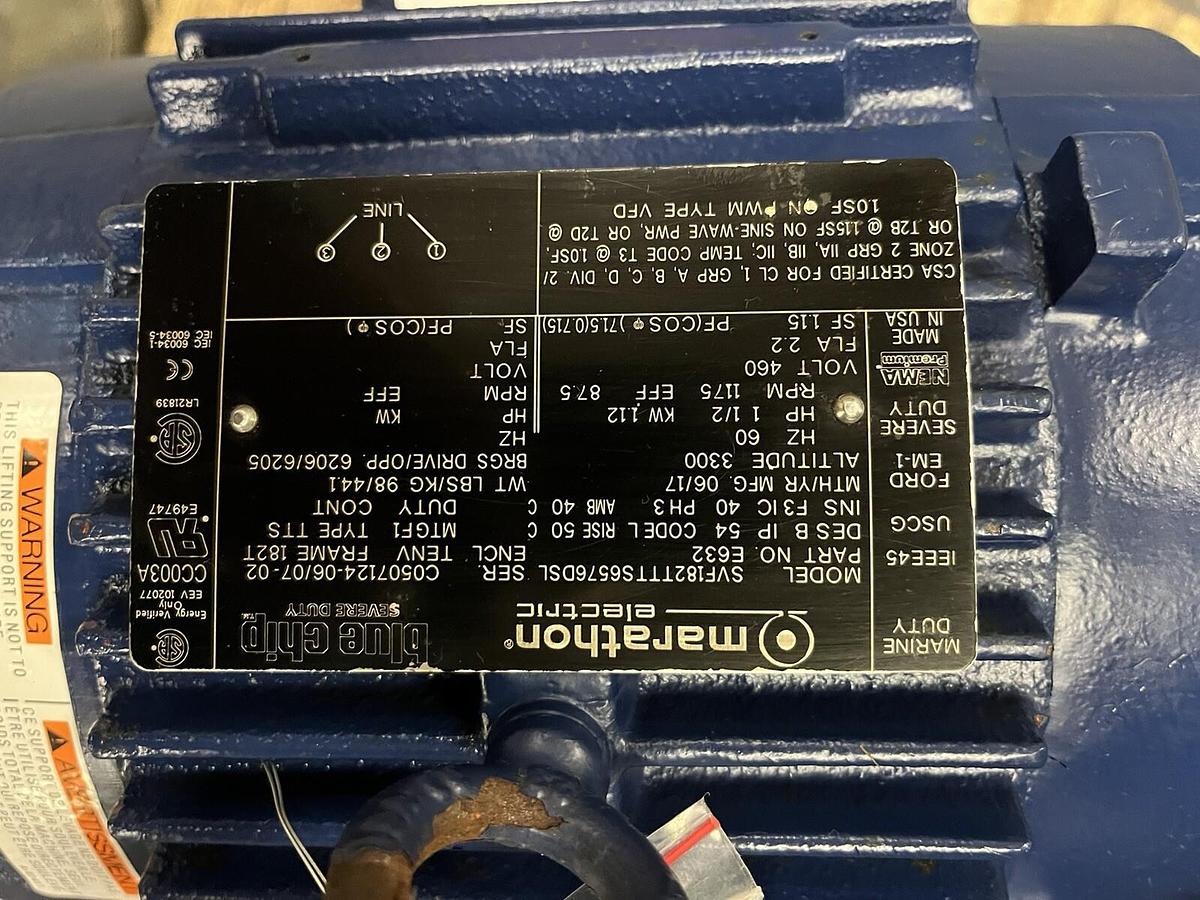 MARATHON,E632,SEVERE DUTY MOTOR 1-1/2HP 1175RPM TENV 460V 182T 3PH