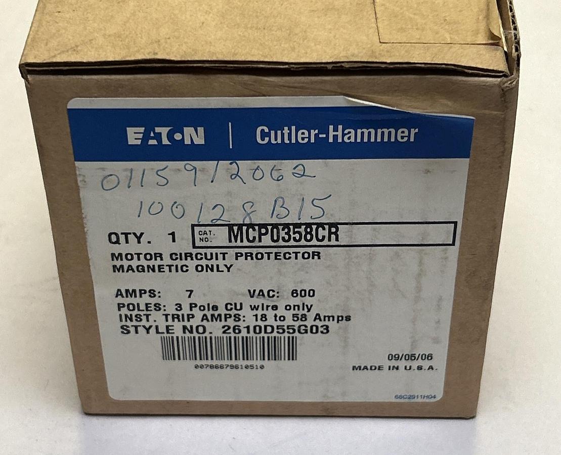 Used EATON CUTLER-HAMMER,MCP0358CR,CIRCUIT BREAKER 7A 600V 3P NEW