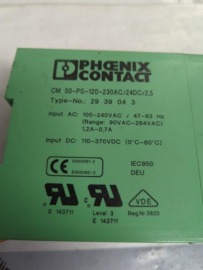 Used PHOENIX CONTACT,CM 50-PS-120-230AC/24DC/2 5,POWER SUPPLY TYPE 29 39 04 3