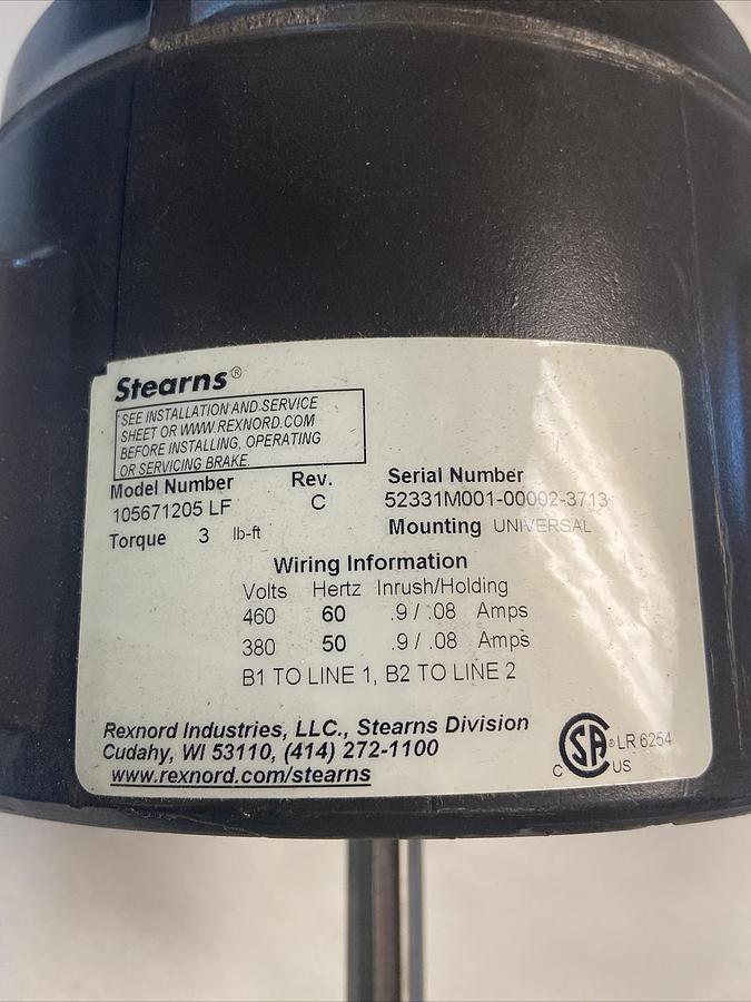 Rexnord Stearns,T05671205-LF,Motor Brake Torque 3Lbs 380-460V