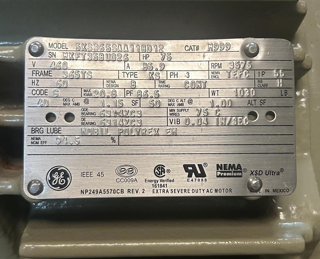 Used GENERAL ELECTRIC,5KS365SAA118D12,MOTOR 75HP 460V 3575 RPM 3PH 365TS FRAME