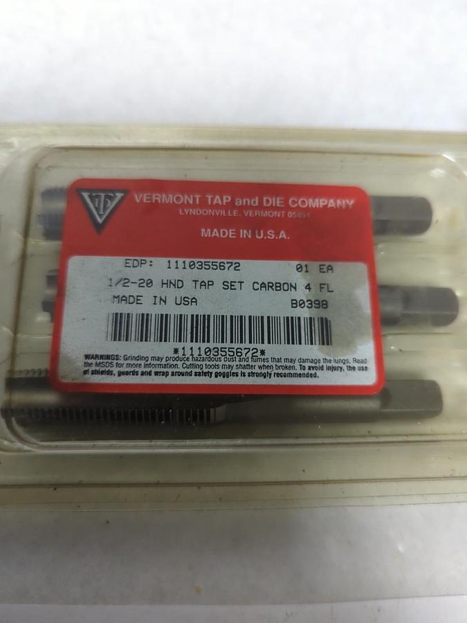 VERMONT TAP AND DIE,1/2-20,HND TAP SET CARBON 4 FL 3-PC SET NOS