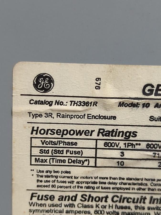 Used GE,TH3361R,SAFETY SWITCH MODEL 10 30 AMP 600VAC 250 VDC PRE-OWNED