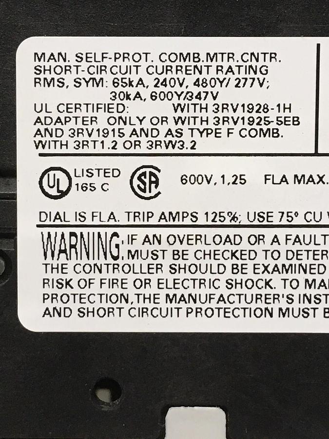 Siemens,3RV1021-0KA10,Motor Protector Circuit Breaker 0.9-1.25A