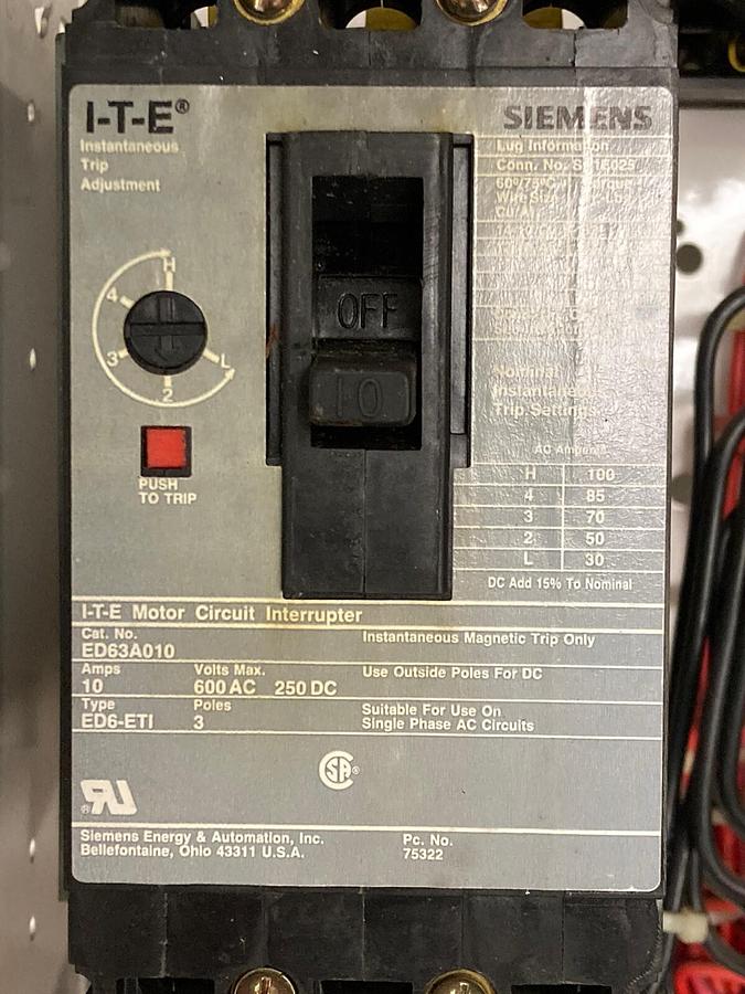 Used ITE Siemens,Model 95 36-89033,10 Amps Size 1 18 INCH MCC Starter Bucket