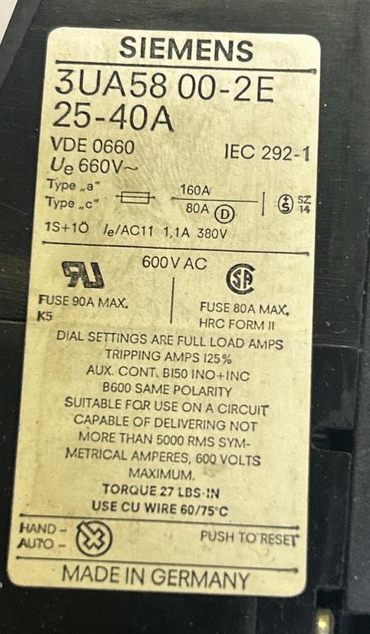 Used SIEMENS,3UA5800-2E25-40A,OVERLOAD RELAY