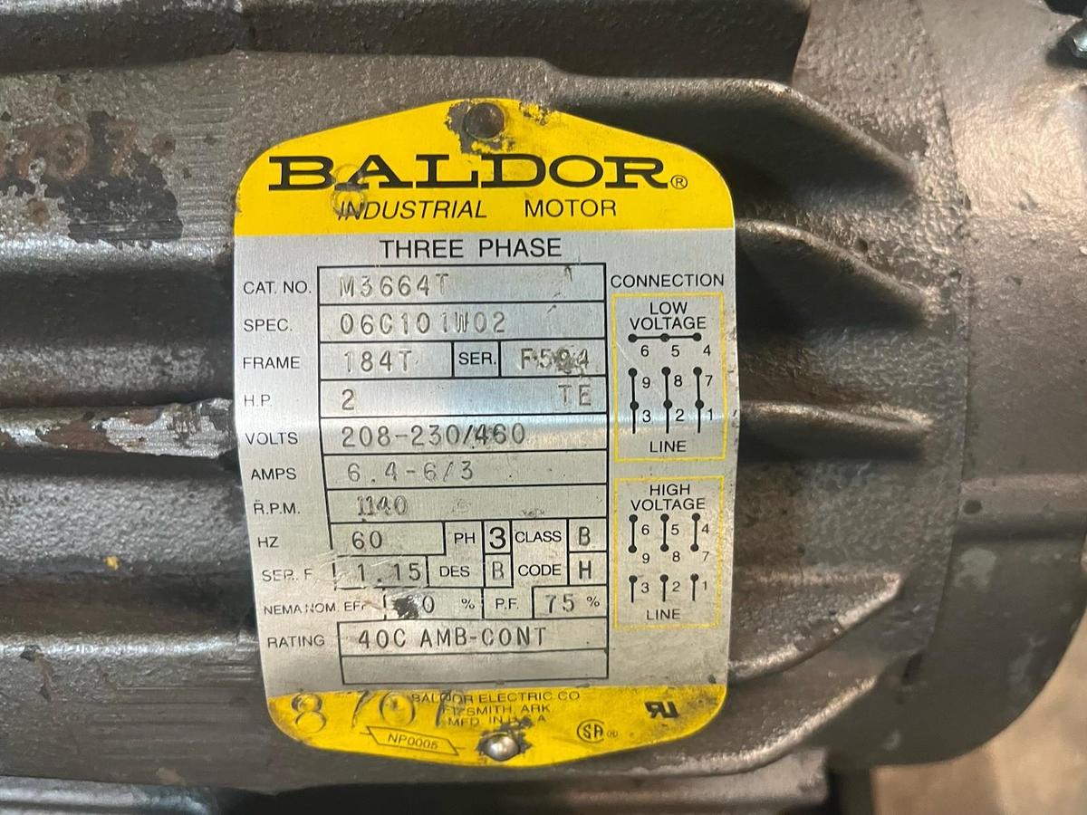 Used BALDOR,M3664T,MOTOR 2HP 1140RPM 184T 3PH