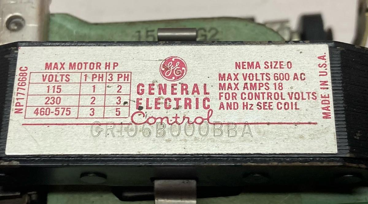 Used General Electric,CR106B000BBA,Control Contractor Size 0 18A