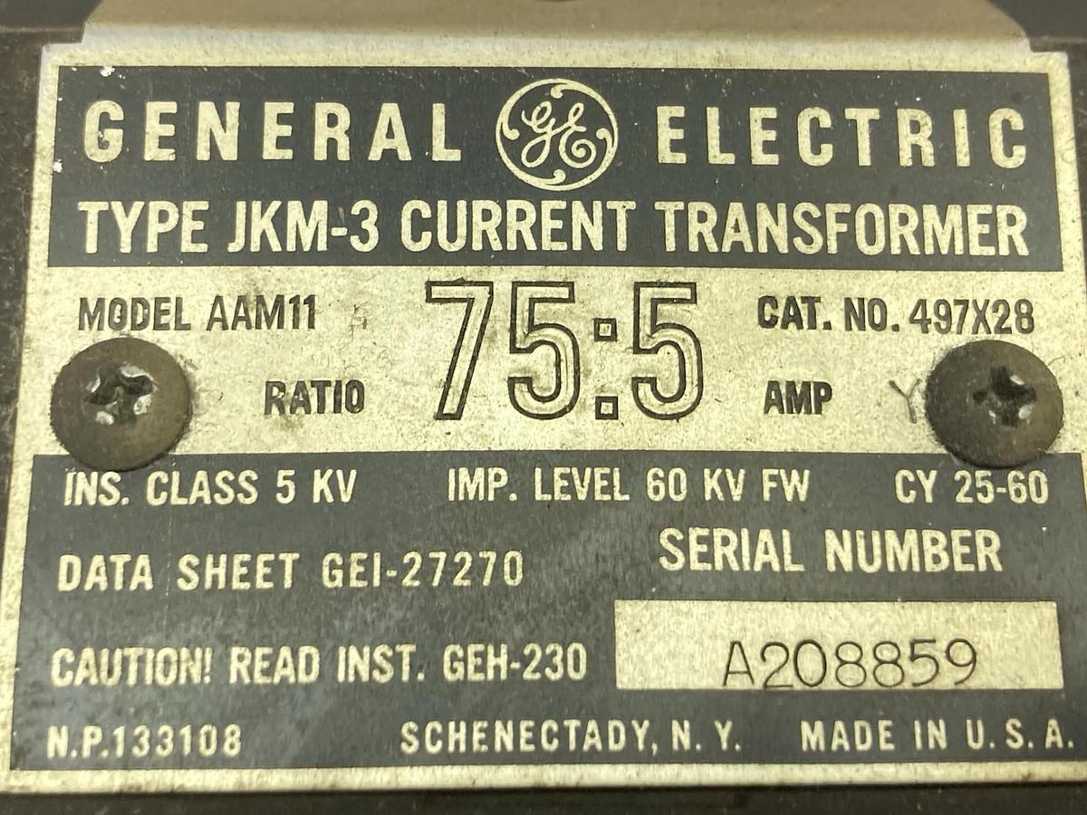 Used General Electric,Model AAM11 Type JKM-3,Current Transformer 497x28 Ratio 75:5