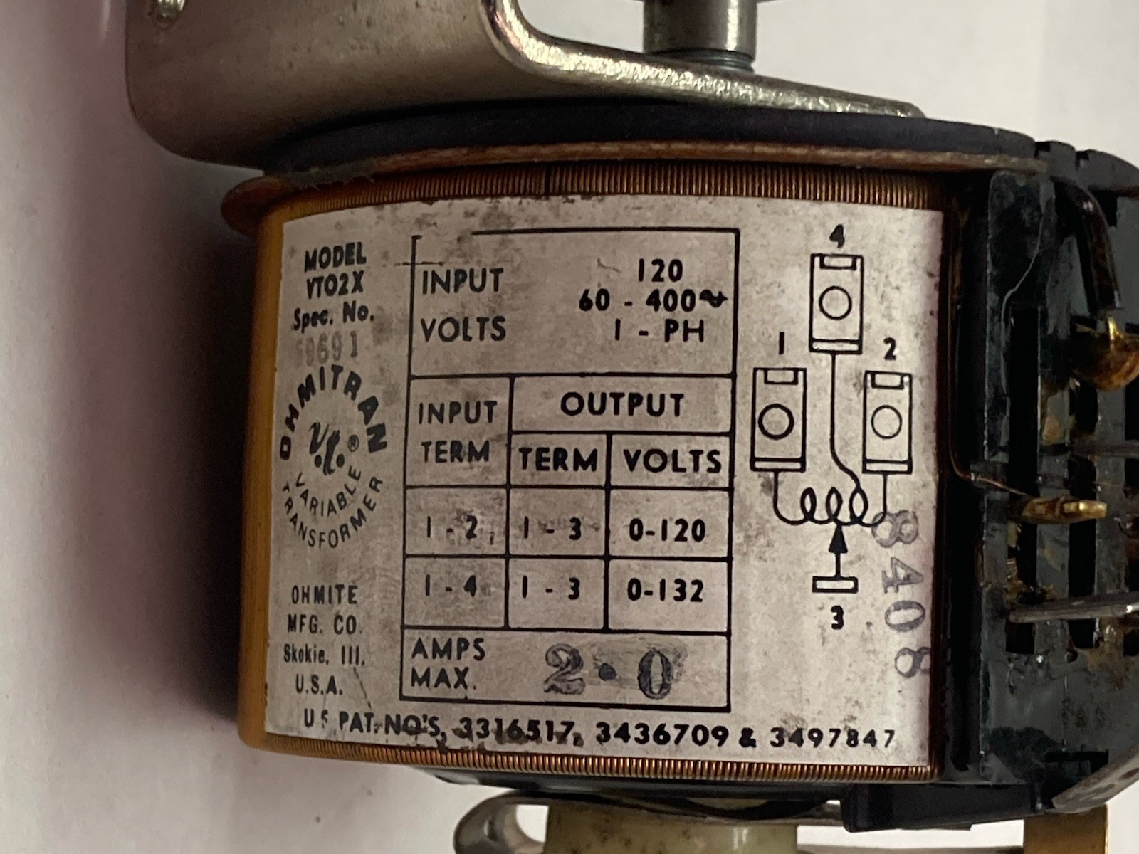 Used Ohmite,Model VTO2X,Single-Phase Powerstat Variable Transformer 120V