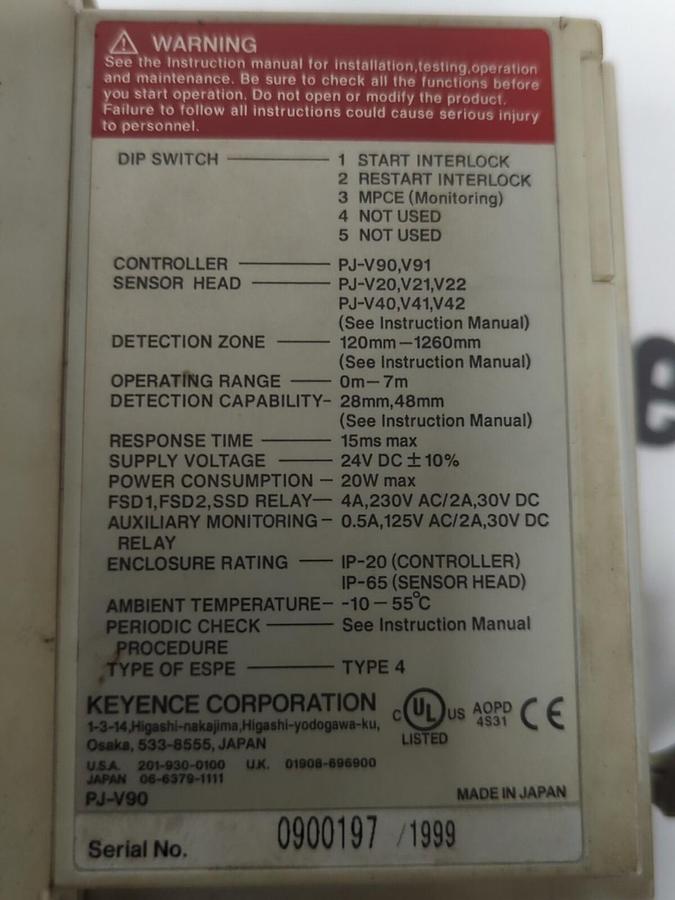 KEYENCE,PJ-V90,LIGHT CURTAIN MODULE NOS