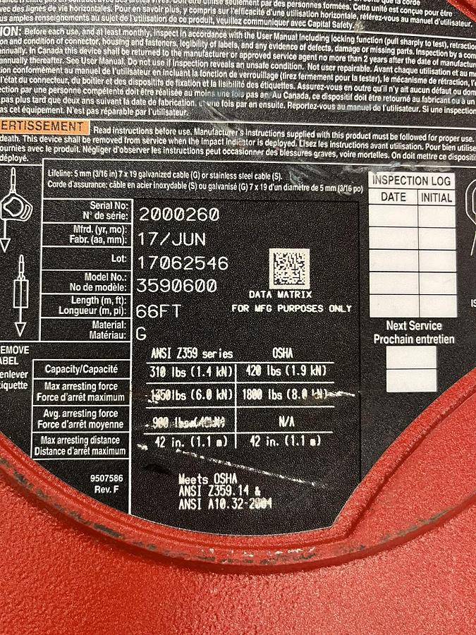 REBEL,3590600,PROTECTA RETRACTABLE SAFETY LIFE LINE 66FT LENGTH 420LB CAPACITY