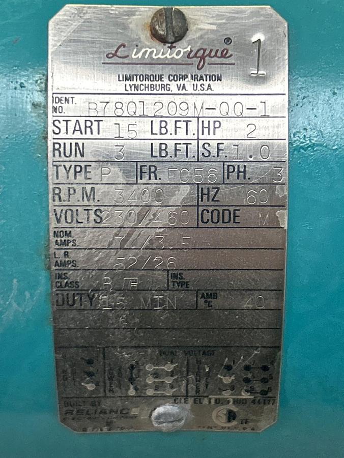Used RELIANCE,B78Q1209M-QQ-1,MOTOR 2HP 3400RPM 230/460V 3PH FC56 FRAME