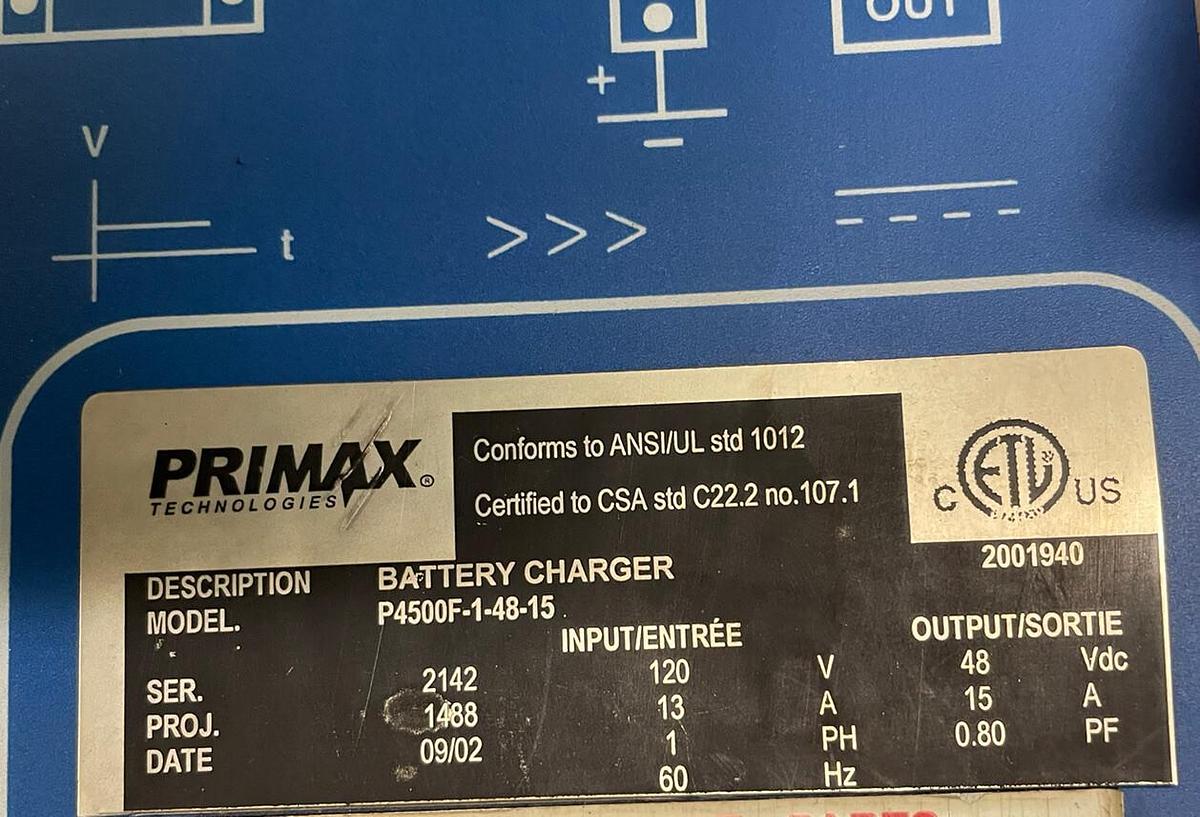 PRIMAX,P4500-1-48-15,BATTERY CHARGER INPUT 120VAC OUTPUT 48VDC
