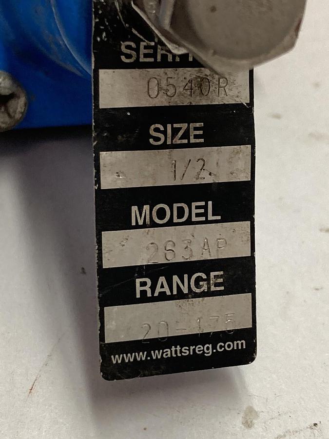 Used Watts, I/2 Inch Model 263AP,Pressure Regulator 300 PSI 20-175 Range