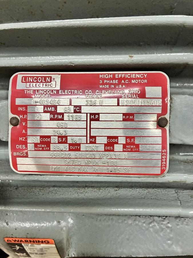 Used Lincoln,D-4G5454,AC MOTOR 20HP 1165RPM 460V 3PH 326U