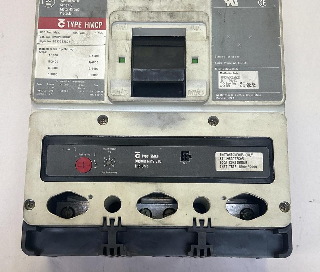 Used WESTINGHOUSE,HMCP600L6W,CIRCUIT BREAKER 600A 600V 3P