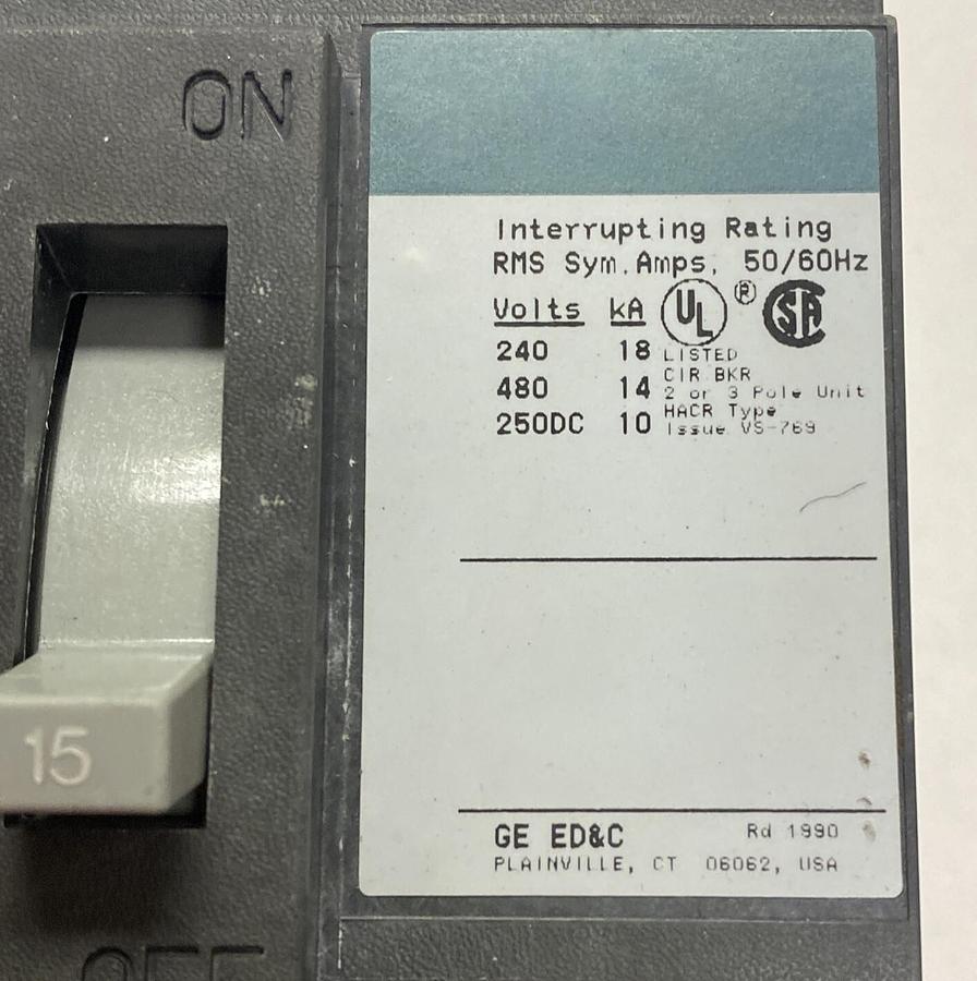 Used GENERAL ELECTRIC,TED134015,CIRCUIT BREAKER 15A 480V 3P