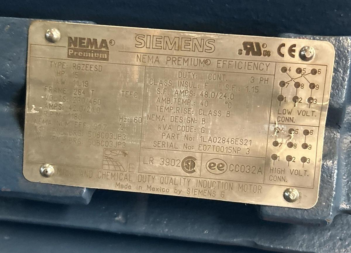 SIEMENS,1LA02846ES21,MOTOR 15HP 1180RPM 230/460V 3PH 284T FRAME