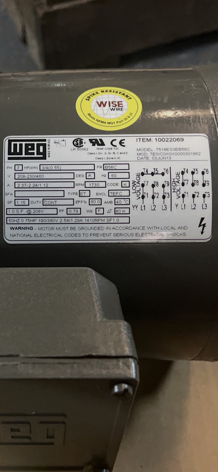 WEG,7518ES3EB56C,MOTOR 3/4HP 3PH 1730RPM B56C