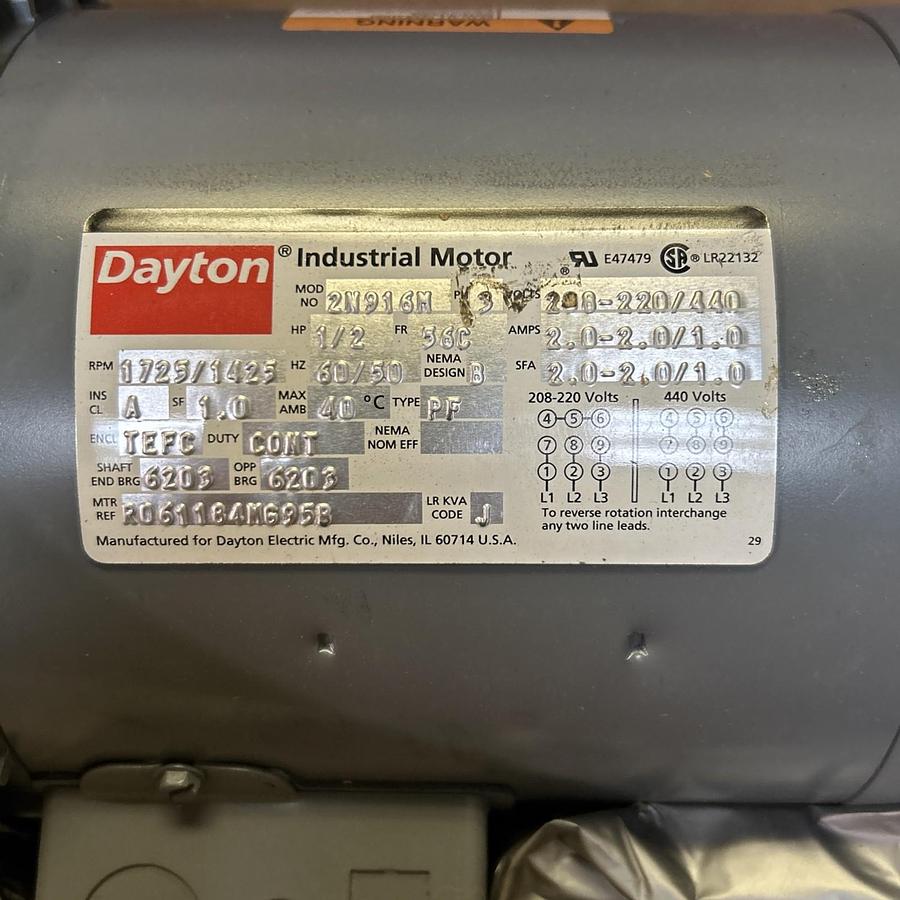 DAYTON,2N916M,AC MOTOR 1.2HP 208-220/440V 1725/1425RPM 3PH 56C FRAME