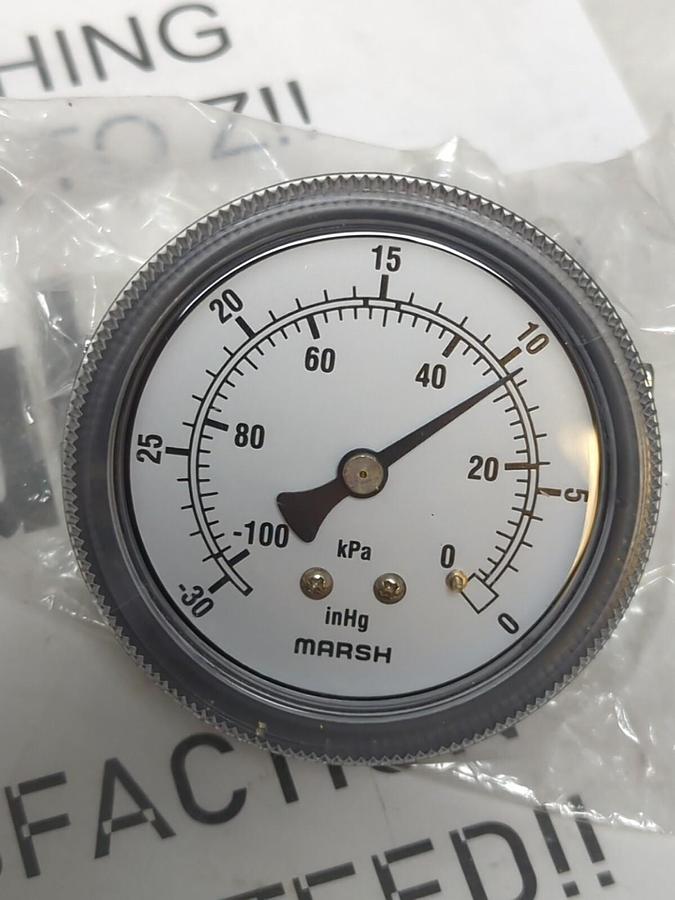 MARSH BELLOFRAM,J6205,2-1/2 IN GAUGE WITH BRACKET 1/4 IN NPT 30 IN HG&KPA NOS
