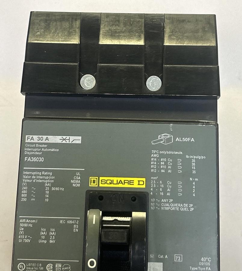 Used SQUARE D,FA36030,I-LINE CIRCUIT BREAKER 30A 600V 3P