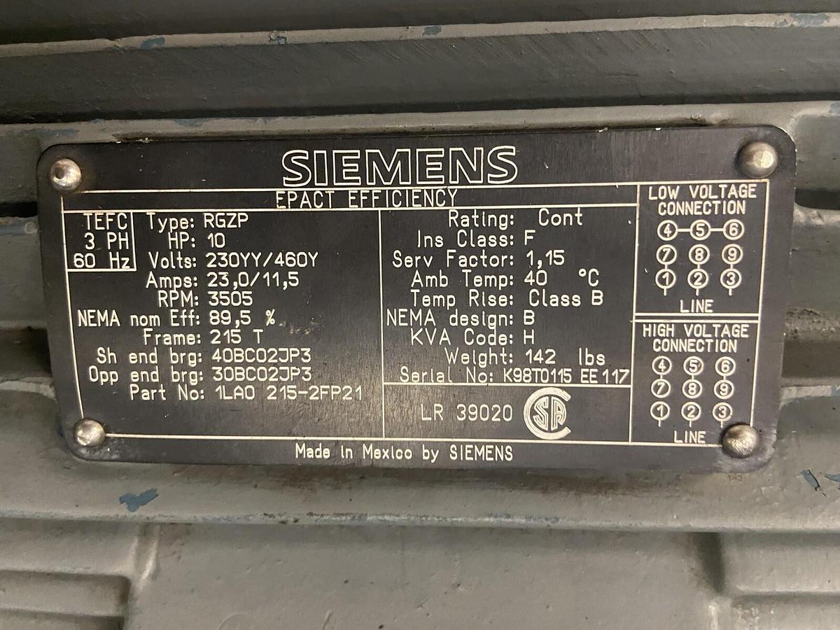 Used Siemens,1LAO-215-2FP21,Type RGZP 10Hp Motor 3505RPM 230/460V Frame 215T