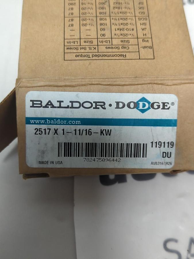 BALDOR DODGE,119119,TAPER LOCK BUSHING 2517X1-11/16-KW NOS
